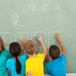 students writing on chalk board.