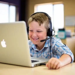 child taking online test.