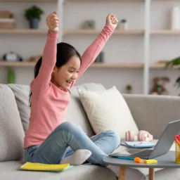happy girl learning on a computer.